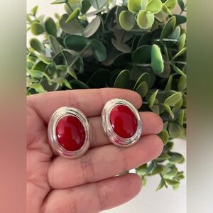 Vintage Large Chunky Mexican 925 Red Coral Oval Sterling silver stud earrings